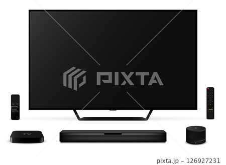 Realistic smart tv with remote control, sound bar, tv set-top box and smart speaker isolated on white background 126927231