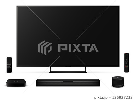 Realistic smart tv with remote control, sound bar, set-top box and smart speaker Realistic smart tv with remote control, sound bar, set-top box and smart speaker 126927232