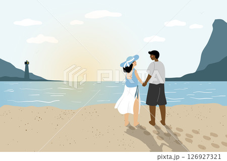 Couple holding hands on a beach at sunset. Couple holding hands on a beach at sunset. 126927321
