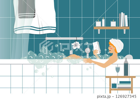 Woman reading a book in a bubble bath with wine. 126927345