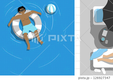 Top view of man floating in a pool with a ring in summer. 126927347