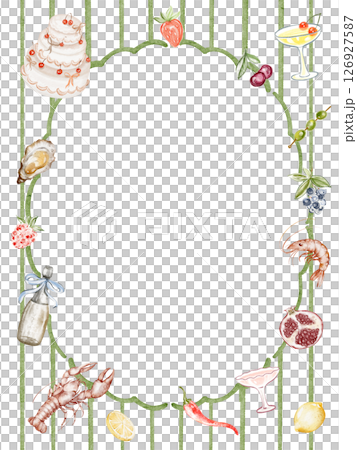 Striped template includes seafood illustrations like lobster, shrimp, crab, and shellfish. Border, pattern, and hand drawn watercolor elements. Suitable for menus, invitations, and party backdrops. Striped template includes seafood illustrations like lobster, shrimp, crab, and shellfish. Border, pattern, and hand drawn watercolor elements. Suitable for menus, invitations, and party backdrops. 126927587