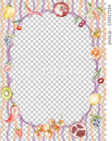 Watercolor banner featuring fruits, vegetables, and seafood for menu or card templates. Includes tomatoes, shrimp, lemon, and seasonal ingredients. Ideal for food, kitchen, and celebration designs. Watercolor banner featuring fruits, vegetables, and seafood for menu or card templates. Includes tomatoes, shrimp, lemon, and seasonal ingredients. Ideal for food, kitchen, and celebration designs. 126927589