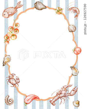 Seafood border with lobster, shrimp, crab, oyster, and fish. Kitchen frame design with lemon, pepper, and traditional Italian food. Hand-drawn watercolor border for menu or invitation. 126927590