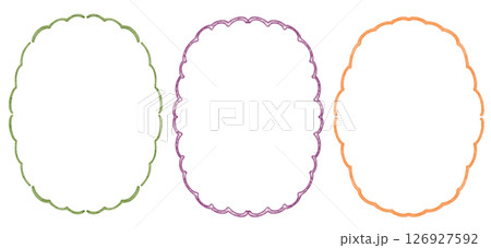 Collection of oval frames featuring hand drawn lines, curves, and scalloped edges. Includes doodle style, wavy, zigzag borders for invitations, cards, and design templates. For print and digital use. 126927592