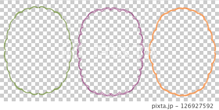 Collection of oval frames featuring hand drawn lines, curves, and scalloped edges. Includes doodle style, wavy, zigzag borders for invitations, cards, and design templates. For print and digital use. 126927592