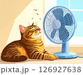 室内の窓際で扇風機の風にあたっている茶色の猫 126927638