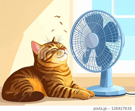 室内の窓際で扇風機の風にあたっている茶色の猫 室内の窓際で扇風機の風にあたっている茶色の猫 126927638