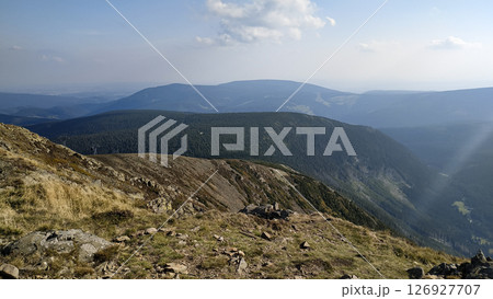 Majestic snezka mountain dominating the czech and polish border landscape in august 126927707