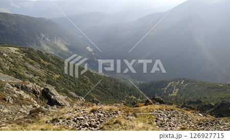 Hiking trail descending into the valley from snezka mountain in czechia in august 126927715
