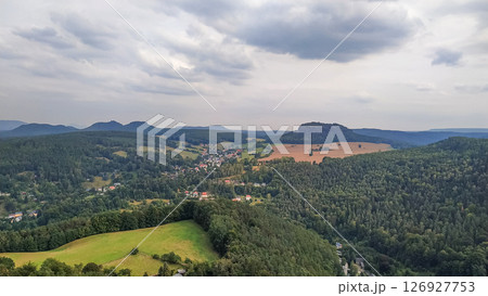 Panoramic view overlooking konigstein fortress, lilienstein mountain, and saxon switzerland national park 126927753