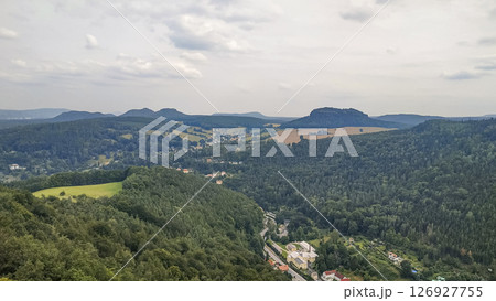 Panoramic view of saxon switzerland national park from konigstein fortress, germany Panoramic view of saxon switzerland national park from konigstein fortress, germany 126927755