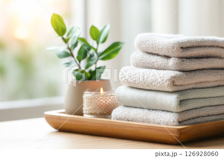 Soft, neatly stacked towels on a wooden tray beside a lit candle and a small green plant, creating a serene and calming atmosphere 126928060
