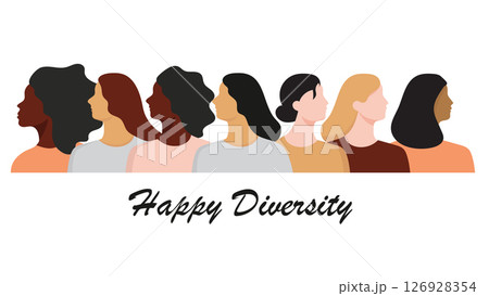 Women of different races and age standing together. Minimal flat style illustration. Women of different races and age standing together. Minimal flat style illustration. 126928354