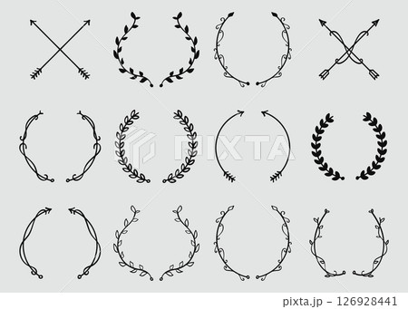 Set of wreaths and branches with leaves. Hand drawing laurel wreaths and branches collection. Laurels wreaths, swirls, twigs and flower ornaments. Set of wreaths and branches with leaves. Hand drawing laurel wreaths and branches collection. Laurels wreaths, swirls, twigs and flower ornaments. 126928441