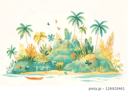 Lush tropical paradise with vibrant palm trees and a serene shoreline brings a touch of the exotic 126928461