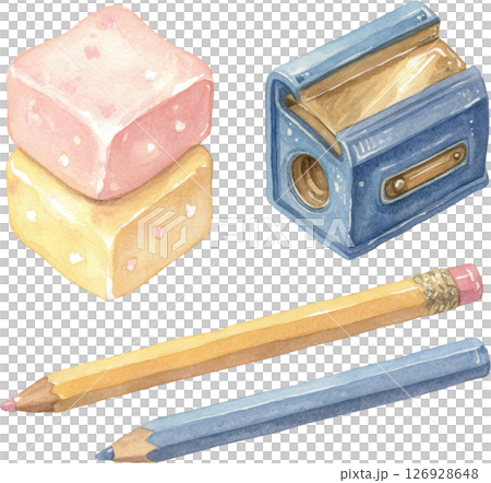 Two pastel colored marshmallows with blue pencil sharpener and two colored pencils in soft watercolor style, evoking calm creativity 126928648