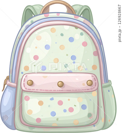 Colorful polka dot backpack with pastel tones and front pocket, cute school gear for kids and students 126928667