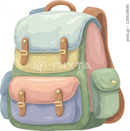 Colorful school backpack with multiple pockets and leather straps, perfect for carrying books and supplies with cheerful design 126928690