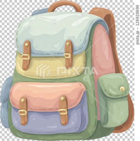 Colorful school backpack with multiple pockets and leather straps, perfect for carrying books and supplies with cheerful design 126928690