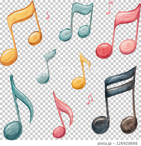 Colorful music notes clipart with playful watercolor style, perfect for music class or creative projects with joyful and artistic expression Colorful music notes clipart with playful watercolor style, perfect for music class or creative projects with joyful and artistic expression 126928698