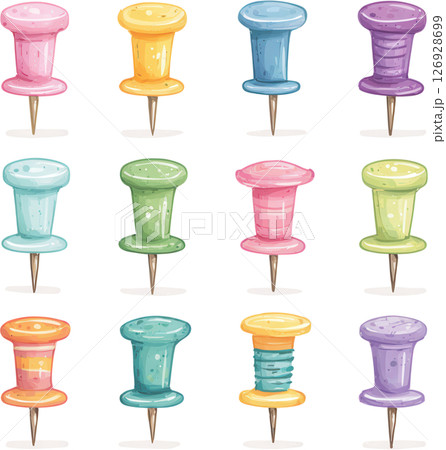 Colorful push pins in various pastel shades arranged in grid, perfect for school boards or office use with cheerful and bright design 126928699