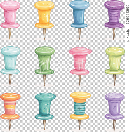 Colorful push pins in various pastel shades arranged in grid, perfect for school boards or office use with cheerful and bright design Colorful push pins in various pastel shades arranged in grid, perfect for school boards or office use with cheerful and bright design 126928699