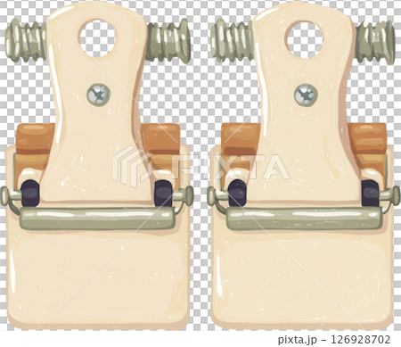 Two beige metal binder clips with screws and handles, used for holding papers together in office or school setting 126928702