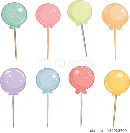 Colorful round push pins with shiny surface and wooden sticks, perfect for school board or office use, bright and cheerful design 126928709