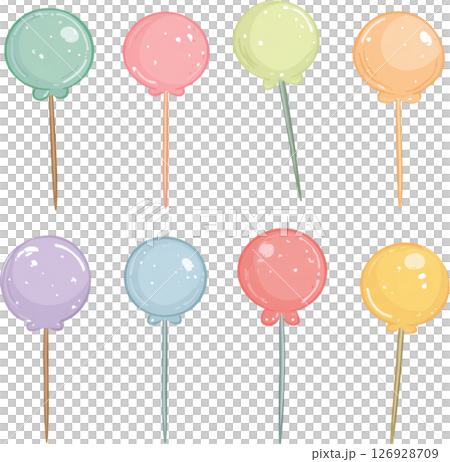 Colorful round push pins with shiny surface and wooden sticks, perfect for school board or office use, bright and cheerful design 126928709
