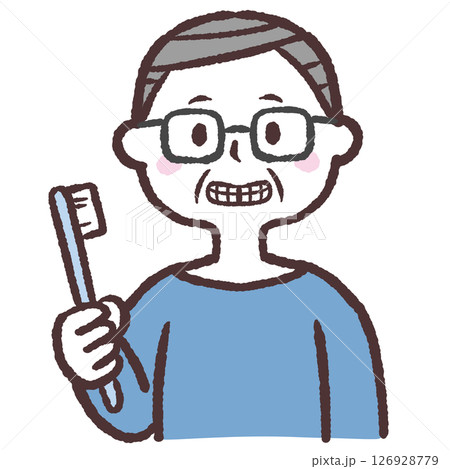 歯ブラシをもって笑う眼鏡のシニア男性のイラスト 歯ブラシをもって笑う眼鏡のシニア男性のイラスト 126928779