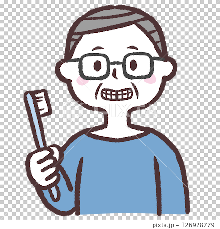 歯ブラシをもって笑う眼鏡のシニア男性のイラスト 歯ブラシをもって笑う眼鏡のシニア男性のイラスト 126928779