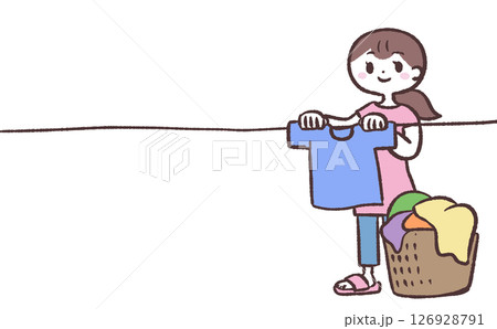 洗濯物干す女性のイラスト 126928791