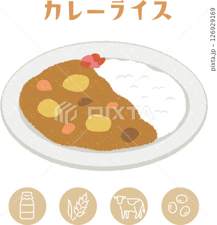 学校給食のカレーライスとアレルゲン表示アイコンのイラスト 126929169
