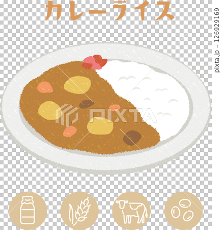 学校給食のカレーライスとアレルゲン表示アイコンのイラスト 126929169