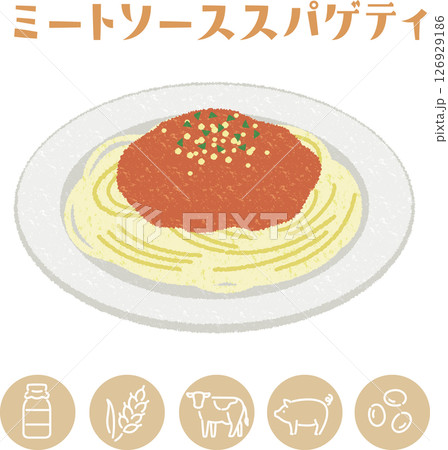 学校給食のミートソーススパゲティとアレルゲン表示アイコンのイラスト 126929186