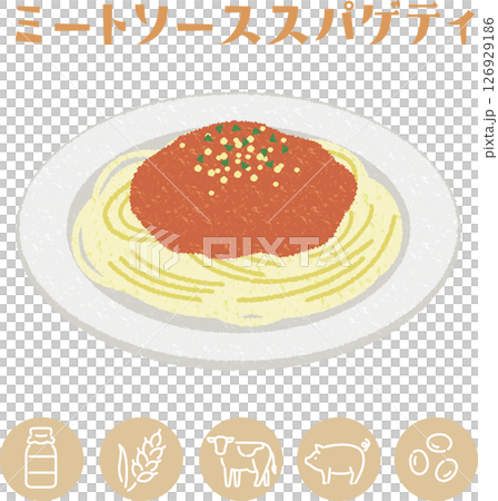 学校給食のミートソーススパゲティとアレルゲン表示アイコンのイラスト 126929186