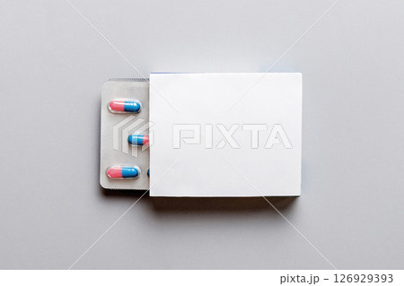 Blank White Product Package Box Mock-up. Open blank medicine drug box with blister top view Blank White Product Package Box Mock-up. Open blank medicine drug box with blister top view 126929393