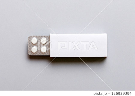 Blank White Product Package Box Mock-up. Open blank medicine drug box with blister top view Blank White Product Package Box Mock-up. Open blank medicine drug box with blister top view 126929394