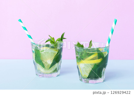 Mojito summer refreshing cocktail with ice and mint. mojito cocktail with lime, lemon and mint in a tall glass with a stick Mojito summer refreshing cocktail with ice and mint. mojito cocktail with lime, lemon and mint in a tall glass with a stick 126929422