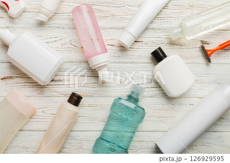 Mockup for bathing products top view flat lay, spa razor, toothpaste, soap, gel and other various accessories. Cosmetics for skin health. Bath Mockup for your logo Mockup for bathing products top view flat lay, spa razor, toothpaste, soap, gel and other various accessories. Cosmetics for skin health. Bath Mockup for your logo 126929595