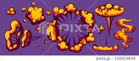 Cartoon fire cloud vector with comic explosion and smoke on purple background. Yellow and orange flames and clouds in cartoon style. Ideal for action scenes, game UI, stickers, retro posters Cartoon fire cloud vector with comic explosion and smoke on purple background. Yellow and orange flames and clouds in cartoon style. Ideal for action scenes, game UI, stickers, retro posters 126929656
