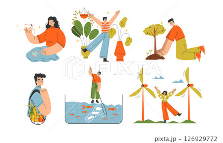 Illustrations depicting EcoFriendly Activities and Sustainable Practices for a better world 126929772