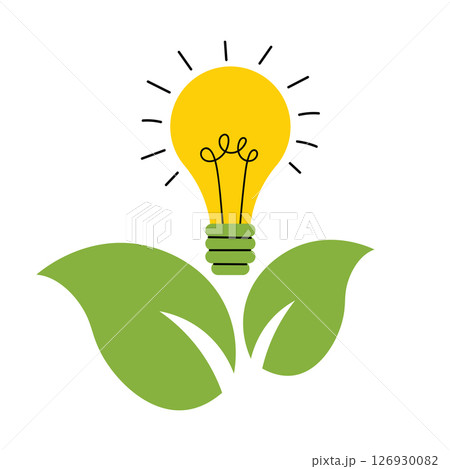 Eco concept illustration in flat cartoon style showing a glowing bulb sprouting from green leaves. Symbol of green energy, sustainability, nature care, and environmental innovation. 126930082