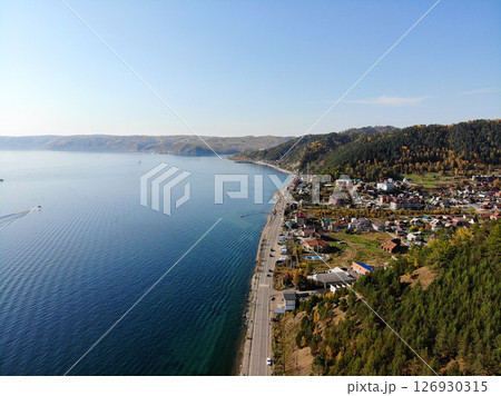 Listvyanka village, aerial view. Lake Baikal in autumn. 126930315