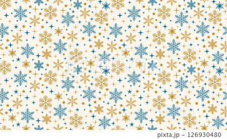 Seamless pattern with various snowflakes and twinkling stars in flat cartoon style. A festive and cozy winter design perfect for Christmas wrapping, backgrounds, and seasonal projects. 126930480
