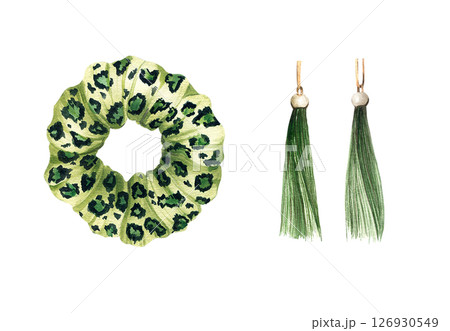 Set with women accessories. Green scrunchy animalistic leopard art and fringed earrings with pearl. Hair elastic, jewellery watercolor illustration isolated from background. Beauty fashion style Set with women accessories. Green scrunchy animalistic leopard art and fringed earrings with pearl. Hair elastic, jewellery watercolor illustration isolated from background. Beauty fashion style 126930549