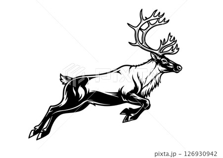 Black and white vector of a reindeer leaping gracefully, showcasing large antlers and strong form. Ideal for wildlife art, holiday designs, and branding. Animal. 126930942