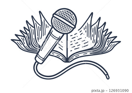 Open book and microphone illustration symbolizing literature, performance, spoken word and creative storytelling, AI Generative 126931090