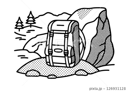 Backpack resting on rocky ground in mountainous outdoor landscape, adventure travel hiking exploration scene, AI Generative 126931128